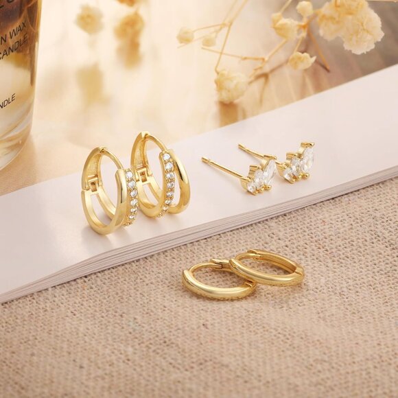 3 Pairs Gold Earrings for Women, Risamil Dainty Small Gold Earring Set 14K Gold - Picture 4 of 8